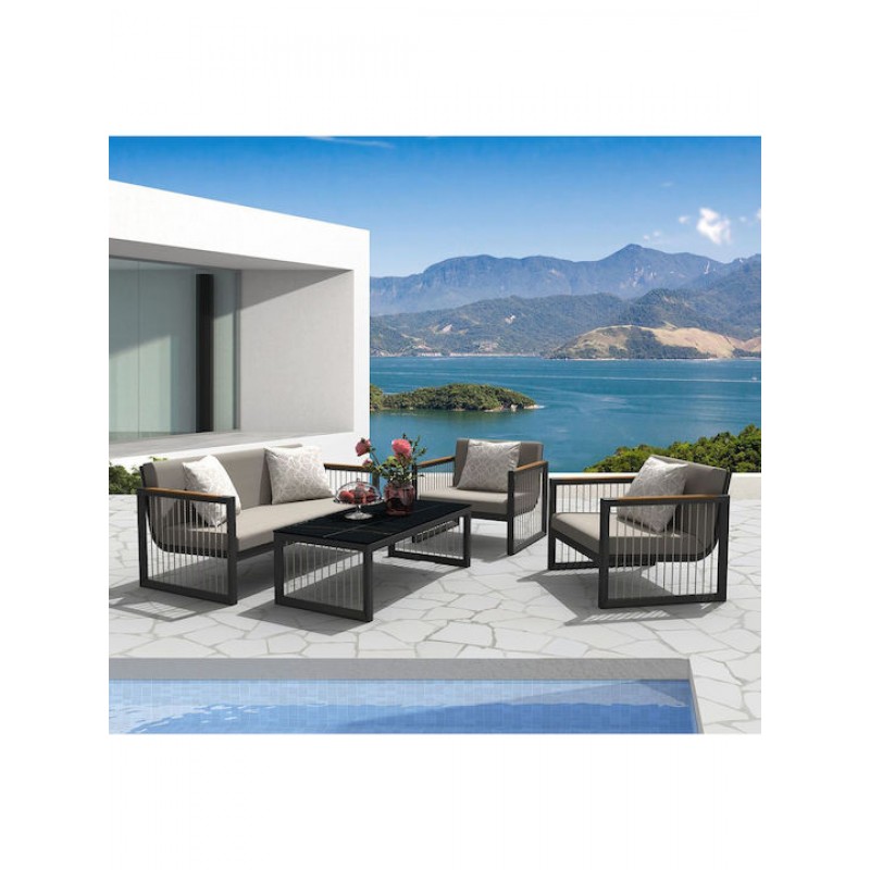 CORDOBA Set Καθιστικό ALU Ανθρακί: Καναπές+2 Πολυθρόνες+ Τραπεζάκι, Μαξιλάρια Μπεζ Κωδικός: [Ε-00024893] Ε6738