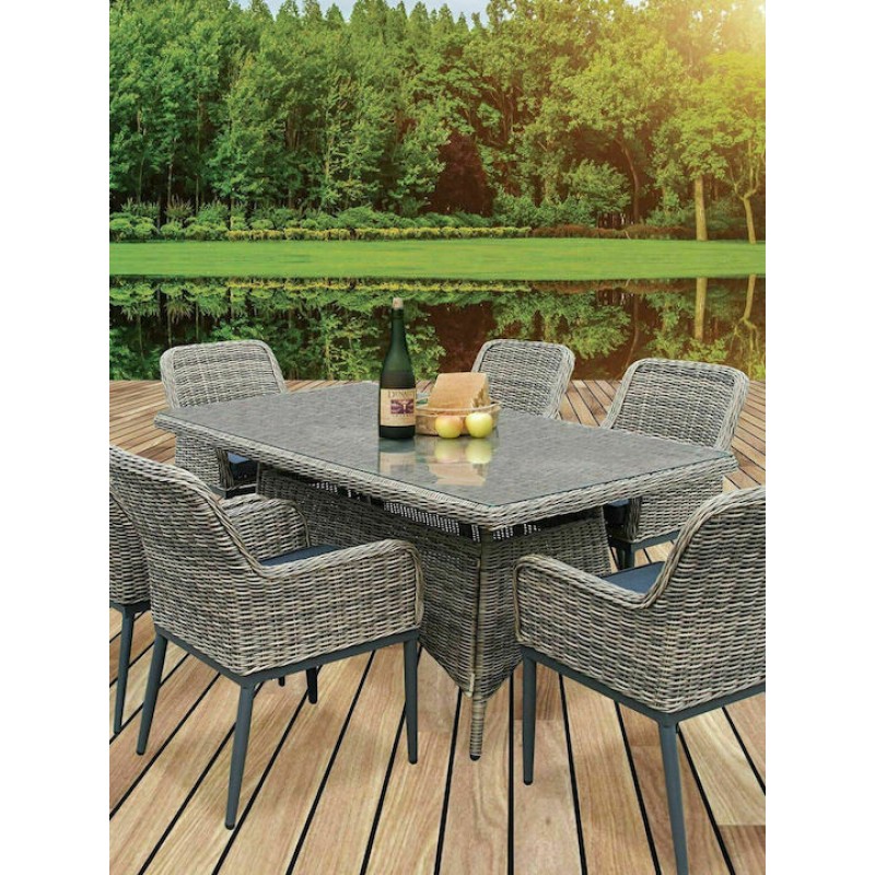 HAVANA Set Τραπεζαρία Κήπου ALU,Wicker Grey Brown-Ανθρακί: Τραπέζι 180x90 + 6 Πολυθρόνες Κωδικός: [Ε-00023092] Ε652,S