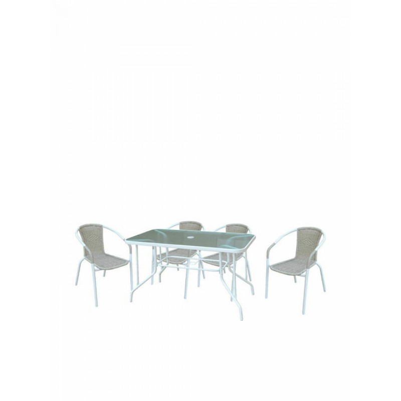 BALENO Set Τραπεζαρία Κήπου: Τραπέζι + 4 Πολυθρόνες Μέταλλο Βαφή Άσπρο - Wicker Beige Κωδικός: [Ε-00020835] Ε240,2