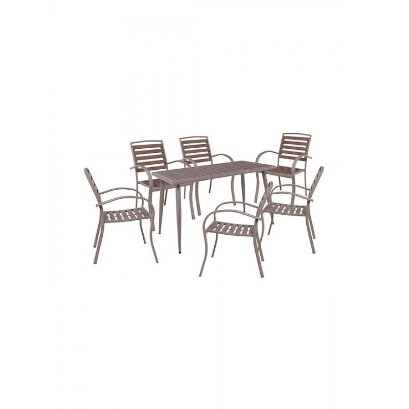 SERRANO Set Κήπου: Τραπέζι + 6 Πολυθρόνες, Μέταλλο Βαφή Sand Beige, Polywood Καρυδί Κωδικός: [Ε-00025669] Ε6891,S